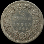 LaZooRo: Britanska Indija 1/4 Rupee 1862 VF - srebro