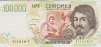 BANKOVEC 100000 LIRE P117b.1 "CARAVAGGIO" (ITALIJA ) 1994.XF/XF++