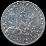 LaZooRo: Francija 2 Francs 1915 XF / UNC - srebro