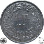 LaZooRo: Švica 1 Franc 1921 VF/XF f - Srebro