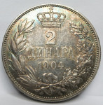 SRBIJA Jugoslavija 2 dinara 1904 XF+ Srebro Patina Kraljevina  #F72