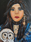 Akrilna slika ženska z sovo 50x 70 cm
