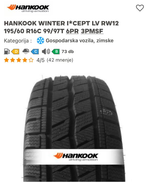 Pnevmatike Hankook 195/60/16 zimska Količina: 4