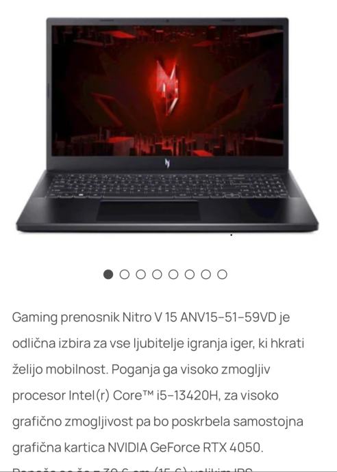 ACER prenosnik Nitro V 15 ANV15-51-59VD/15,6-palčni/Inte nov zapakiran