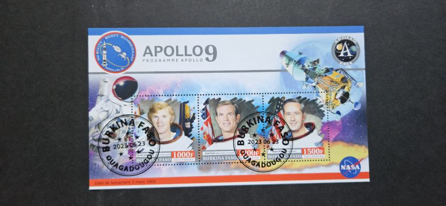Apollo 9, vesolje - Burkina Faso 2023 - blok 3 znamk, žigosan (Rafl01)