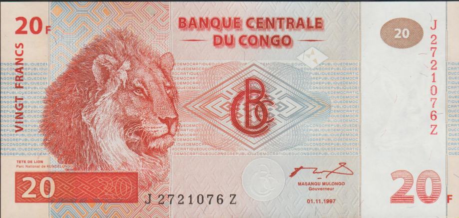 BANKOVEC 20 FRANCS P88A ( KONGO) 1997.UNC