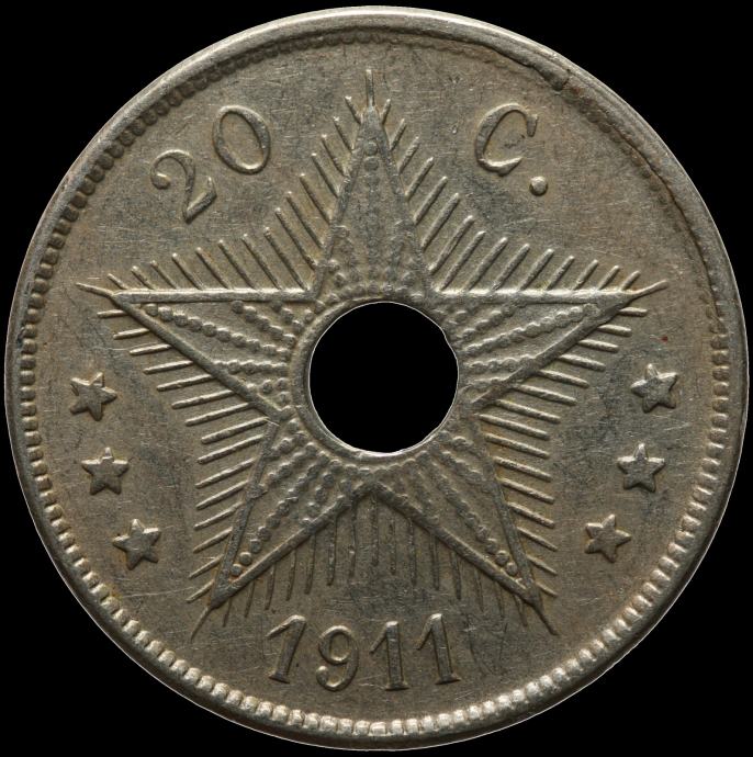 LaZooRo: Belgijski Kongo 20 Centimes 1911 XF