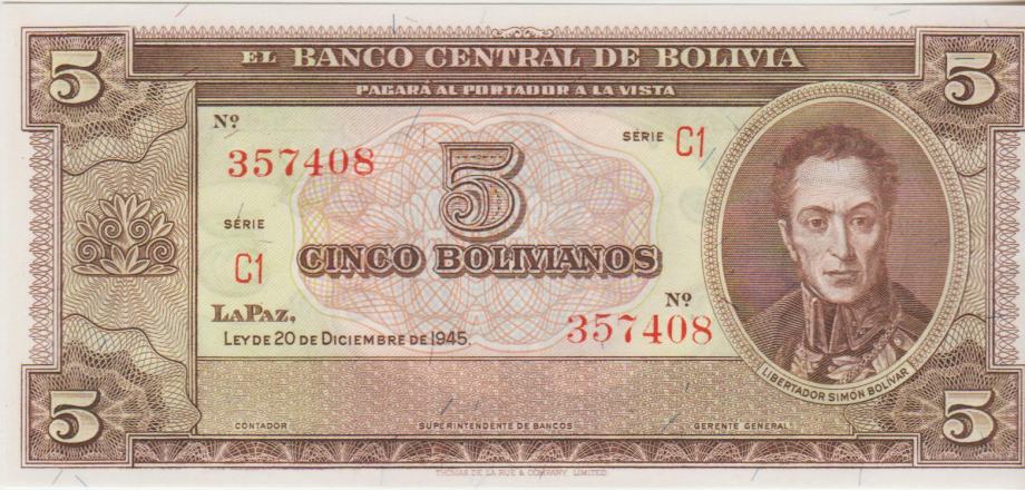 BANKOVEC 5 BOLIVANOS -138d (BOLIVIJA) 1945 UNC