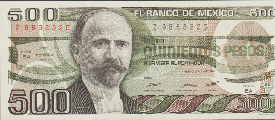 BANKOVEC 500 PESOS P-79b.11 ser.EA (MEHIKA MEXICO)1984,UNC