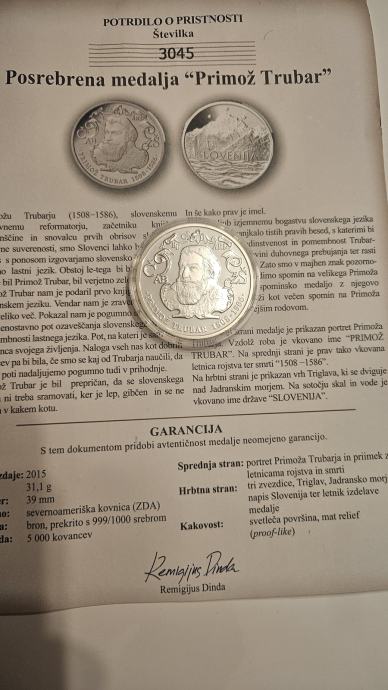 Posrebrena medalja Primož Trubar