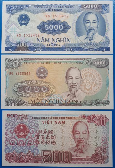 Vietnam ; set 5000, 1000 in 500 dong 1988-1991, UNC