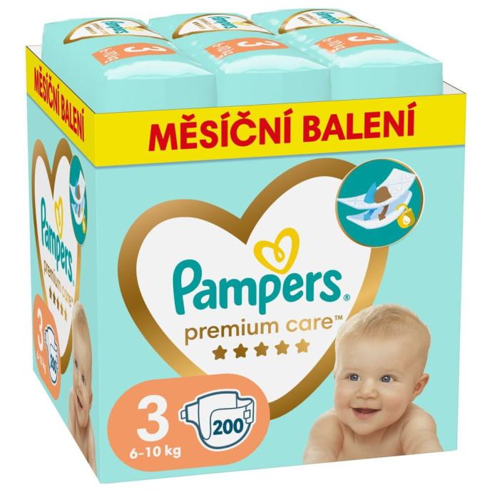 Pampers Premium Care plenice, velikost 3 (6-10 kg), 200 plenic, mesečn