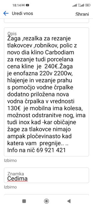 Mizna gradbena žaga za tlakovce prane plošče...