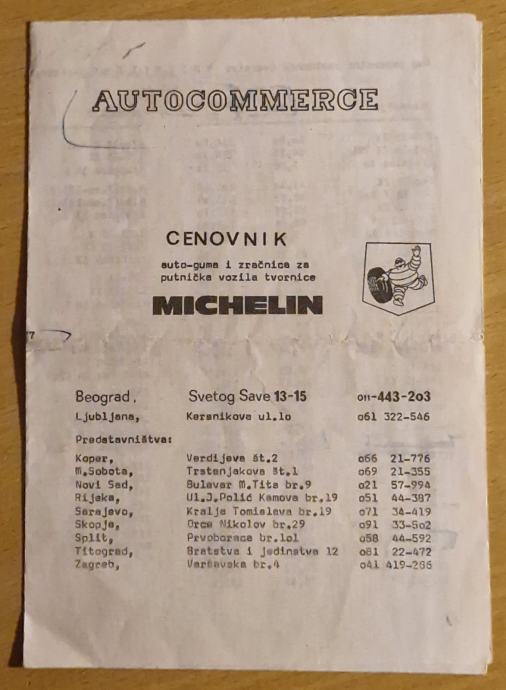 Stari cenovnik Autocomerce Ljubljana Michelin 1972.