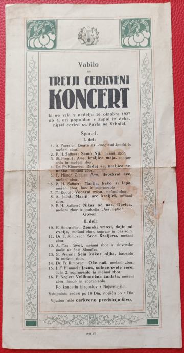 VRHNIKA - VABILO NA 3. CERKVENI KONCERT, 16. 10. 1927