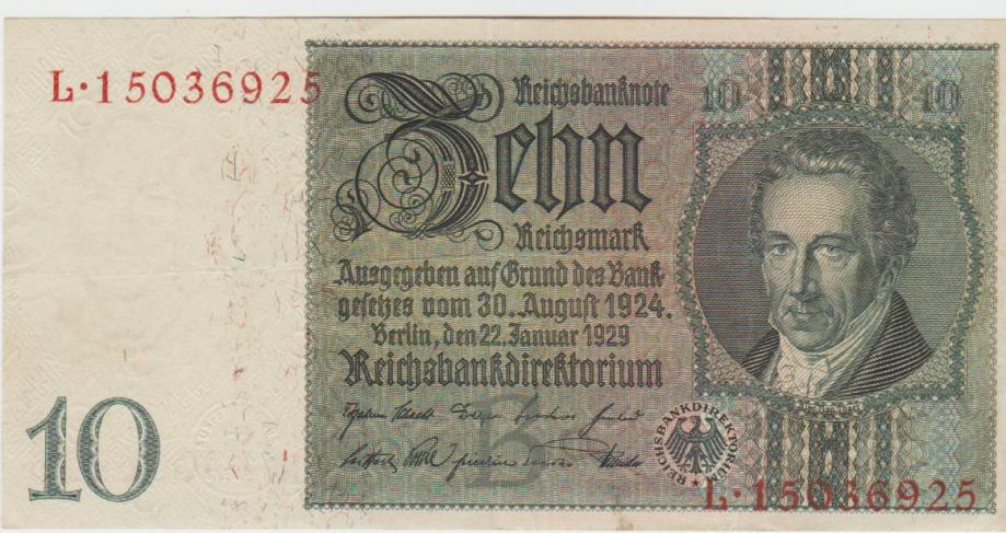 BANK.10 REICHMARK P180a/1"serB,kontrol žig"(REICH NEMČIJA)1929.VF/XF