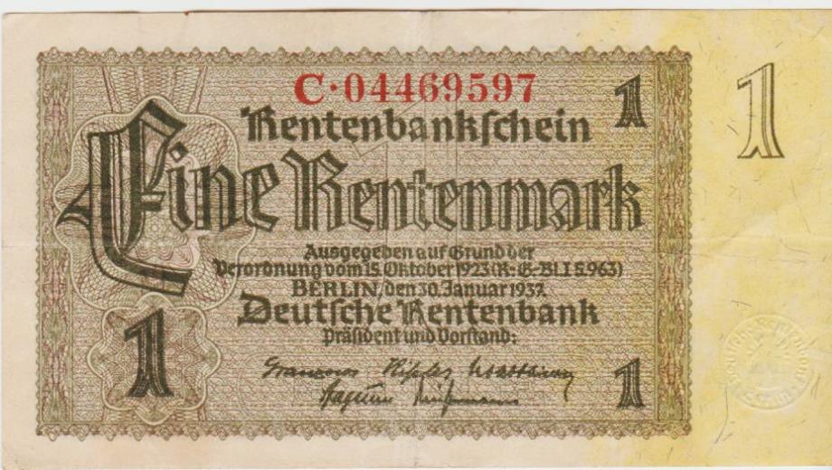 BANKOVEC 1 RENTENMARK P173b.1 "8št.27mm" (NACI.REICH NEMČIJA)1937.VF