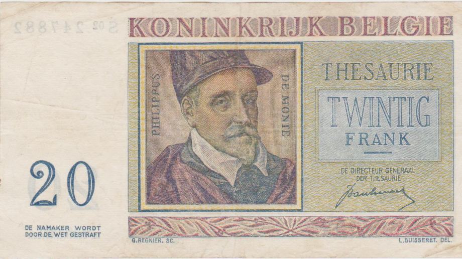 BANKOVEC 20 FRANCS P-132a (BELGIJA), 1950.VF