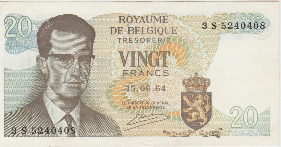 BANKOVEC 20 FRANCS P-138 (BELGIJA), 1964.XF