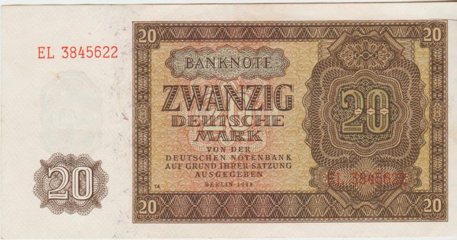 BANKOVEC 20 MARK P13b (NEMČIJA NEM.DEMO.REPUBL. DDR) 1948.XF+