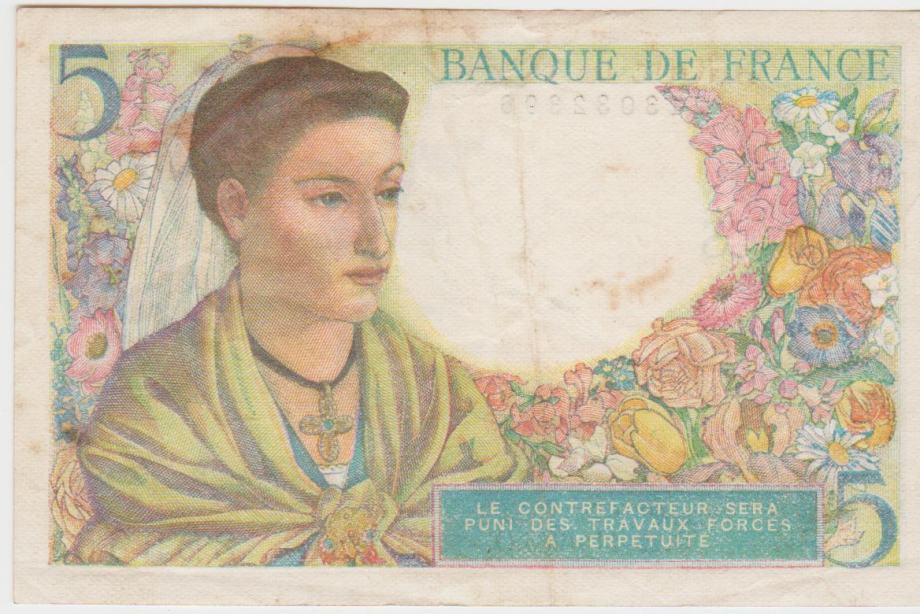 BANKOVEC 5 FRANCS P-98a.4 (FRANCIJA) 25.11.1943.VF/XF