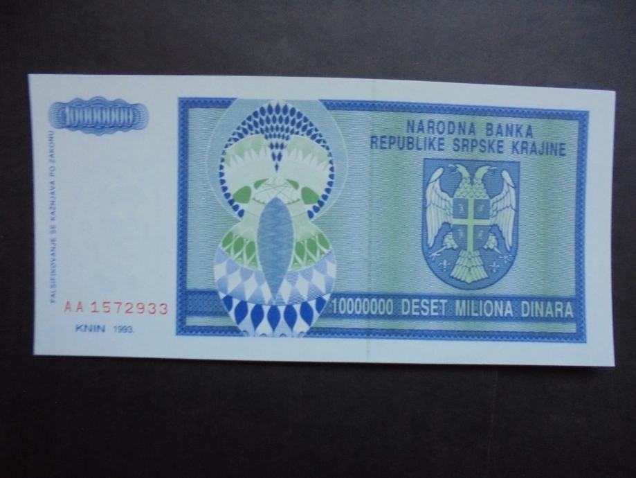 HRVAŠKA KNIN 10000000 dinara 1993 UNC