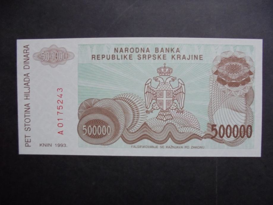 HRVAŠKA KNIN 500000 dinara 1993 UNC