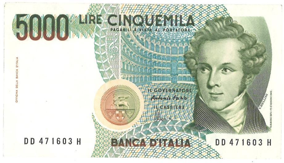 Italija  5.000  lire  -  V. Bellini 1985