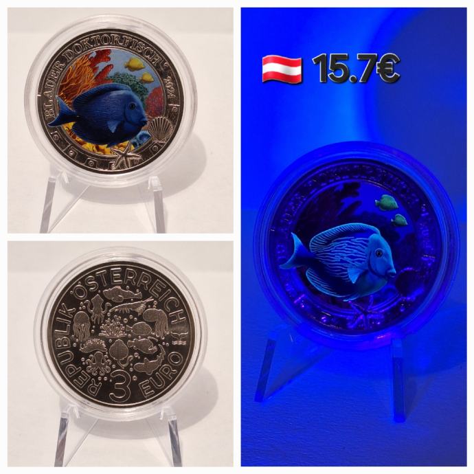 Avstrija 3 euro 2024 Blue Doctorfish (sveti pod UV lučko)