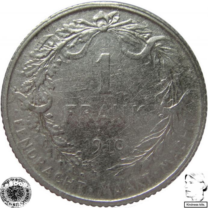 LaZooRo: Belgija 1 Franc Frank 1910 VF - Srebro