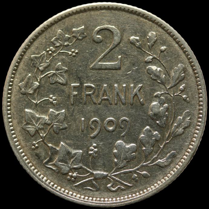 LaZooRo: Belgija 2 Francs 1909 XF / UNC - srebro