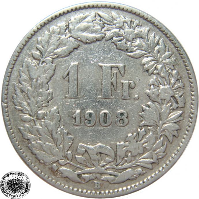 LaZooRo: Švica 1 Franc 1908 VF/XF e - Srebro