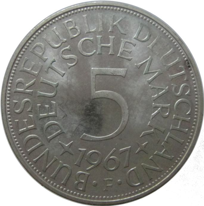 LaZooRo: Nemčija 5 MARK 1967 F PROOF redek - Srebro