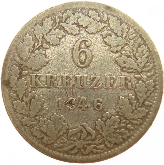 Nemčija HESSEN 6 Kreuzer 1846 VF - Srebro