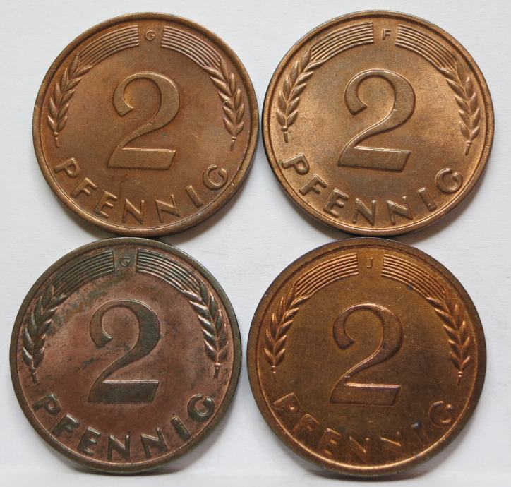 NEMČIJA Zvezna Rep. lot 4x 2 Pfenniga 1961 G 1962 F J 1968 G  UNC #C48