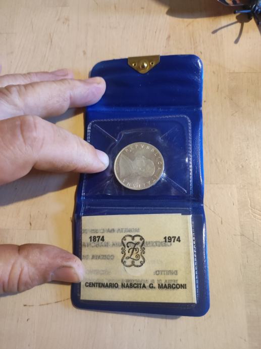 Srebrnik 500 lire lir Italija Guglielmo Macroni 1974 etui certifikat