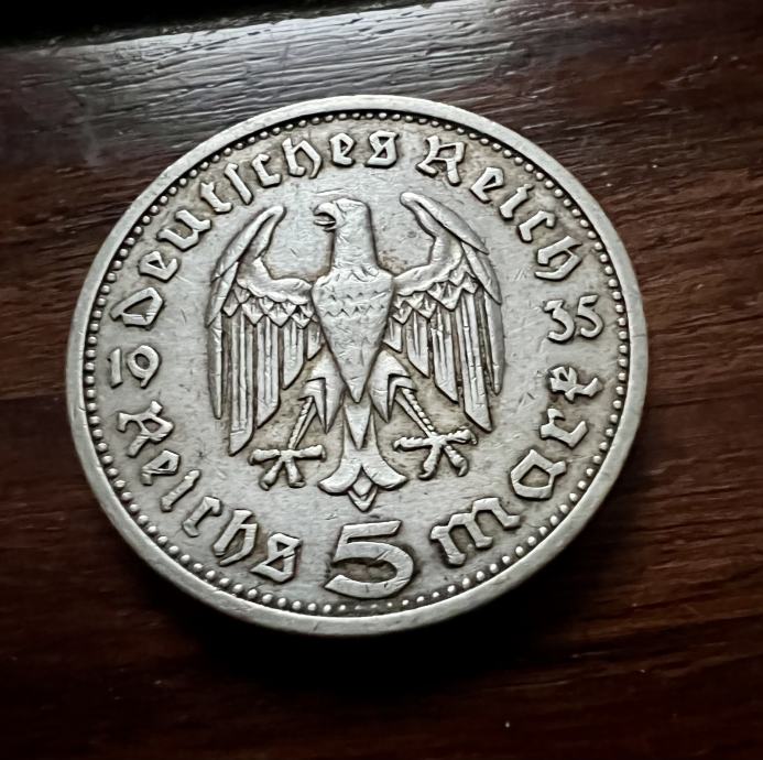 1935 E SREBRNIK Nemčija nacizem 5 Reichsmark 3. Reich nazi (otaku)