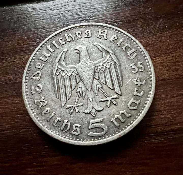 1935 D SREBRNIK Nemčija nacizem 5 Reichsmark 3. Reich nazi (otaku)