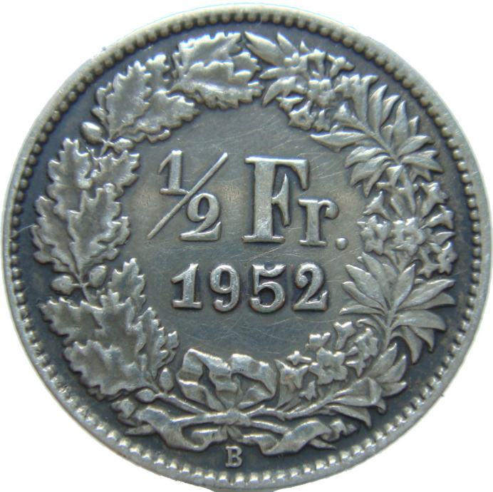 Švica 1/2 Franc 1952 XF B - Srebro