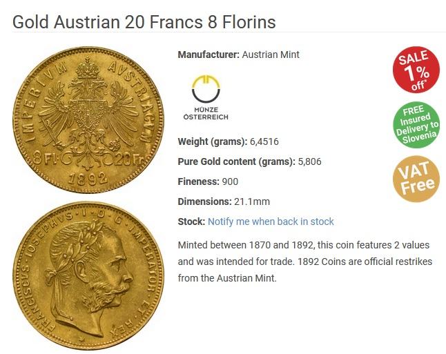 UGODNO PRODAM ZLATNIK: Austrian 20 Francs 8 Florins 1892