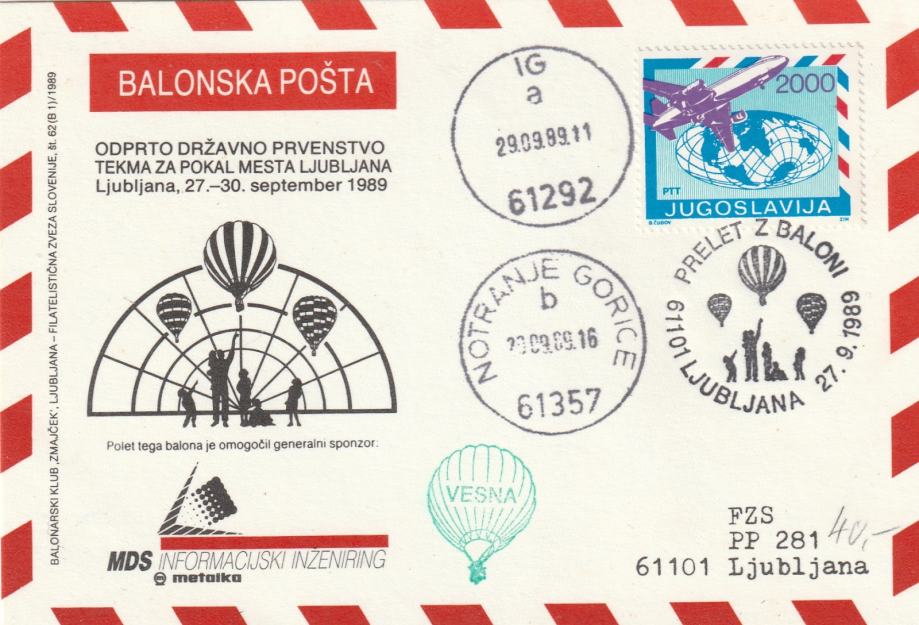 Jugoslavija BALONSKA POŠTA ODPRTO DRŽAVNO PRVENSTVO DOPISNICA 1989