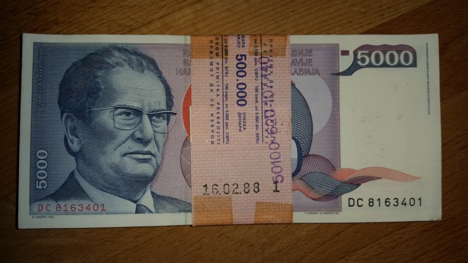 Komplet 100 bankovcev po 5000 dinarjev, Jugoslavija.