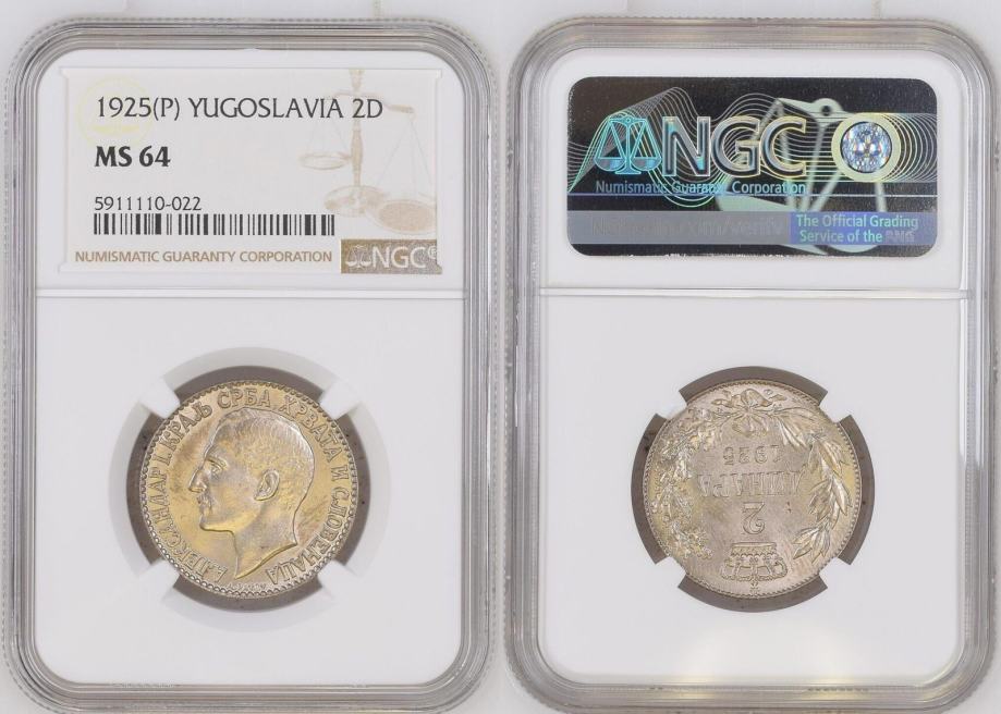 JUGOSLAVIJA 2 Dinara 1925(P) NGC MS 64