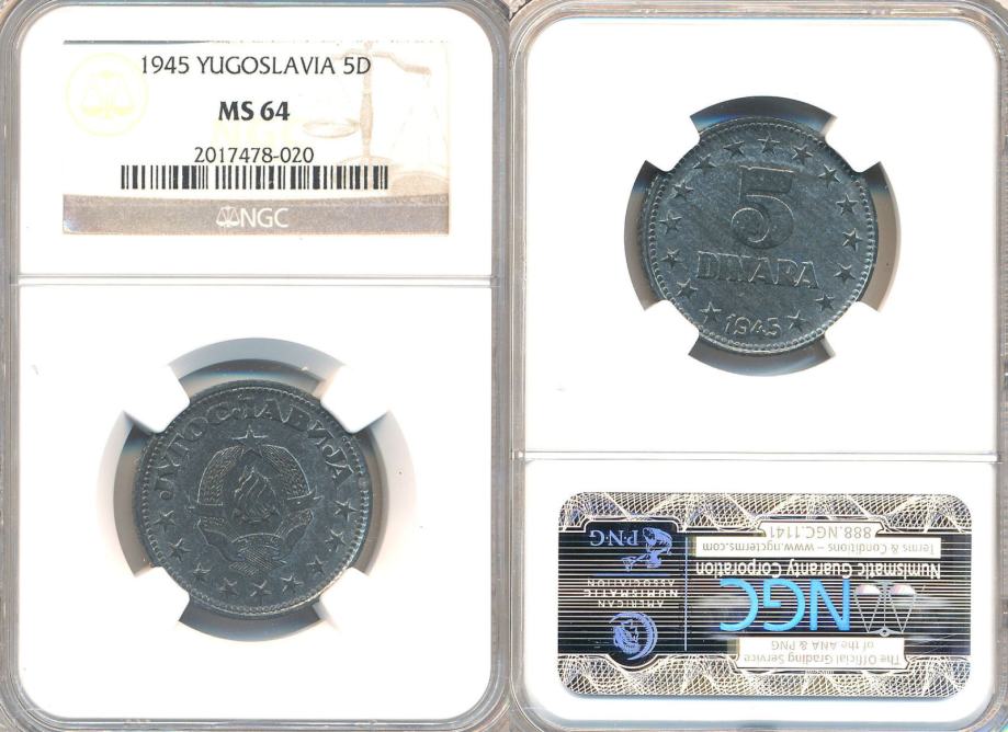 jUGOSLAVIjA 5 Dinara 1945 NGC MS 64