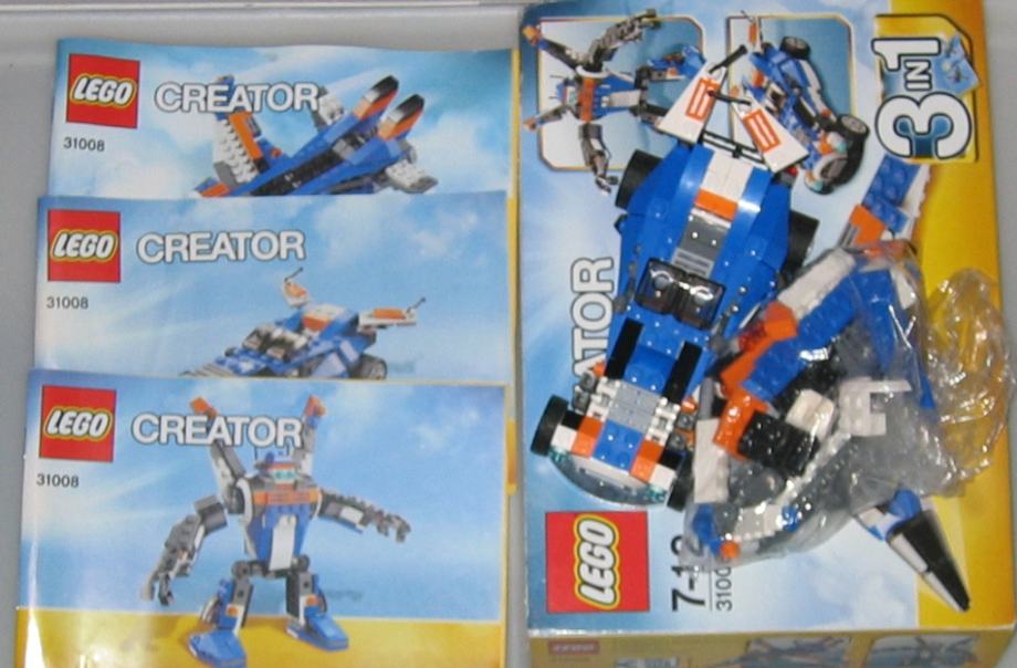 Popoln set: Lego 31008 Creator 3 v 1 robot /jet/avto Thunder Wings