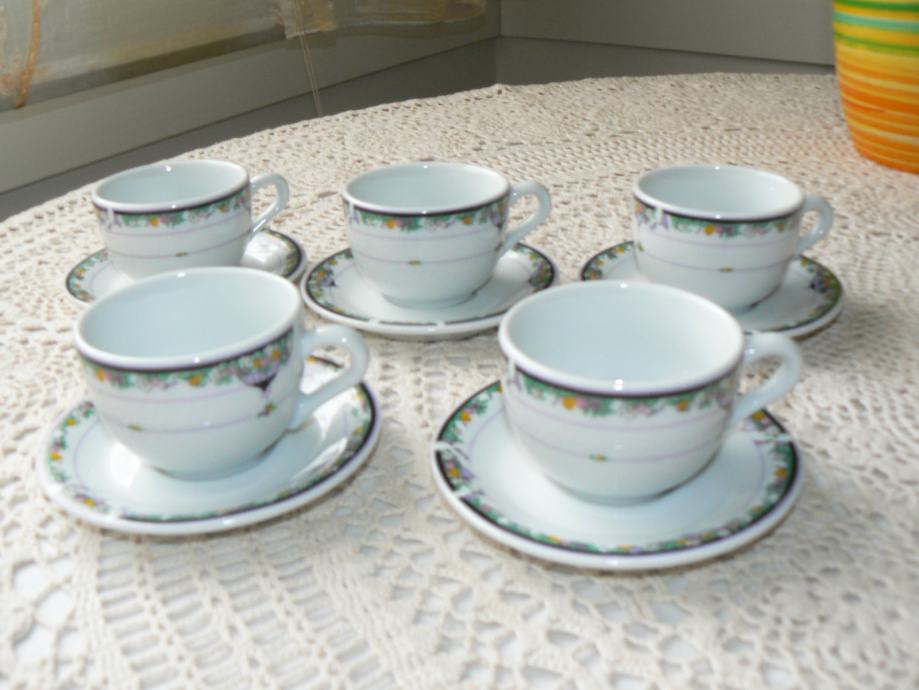 Set 5-ih skodelic s podstavki za črno kavo, porcelan s poslikavo