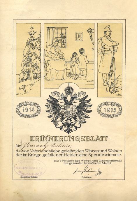 Prodam ERINNERUNGSBLATT (spominska listina) za šolarje, 1914-15