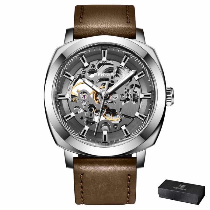 Moška ročna ura Benyar Mechanical Skeleton Silver Brown