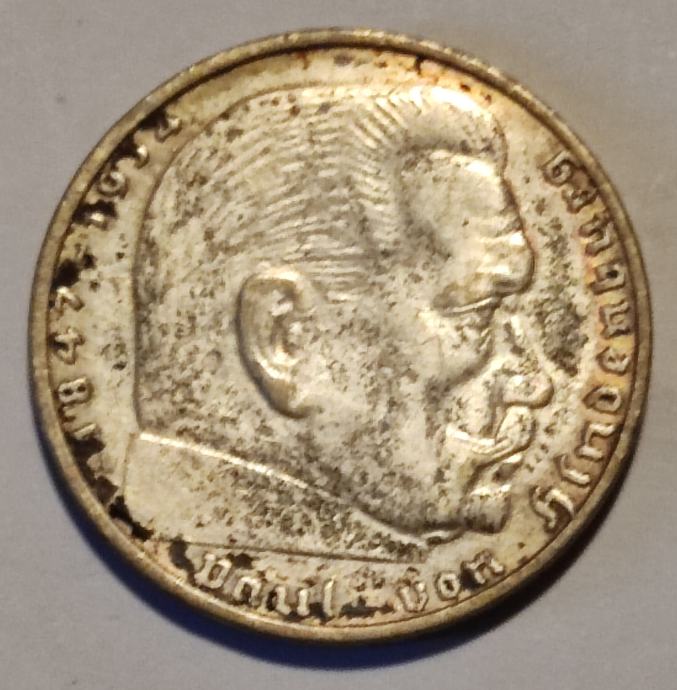 Prodam kovanec 2 Reichsmarki (1937), Paul von Hindnburg - srebrnik