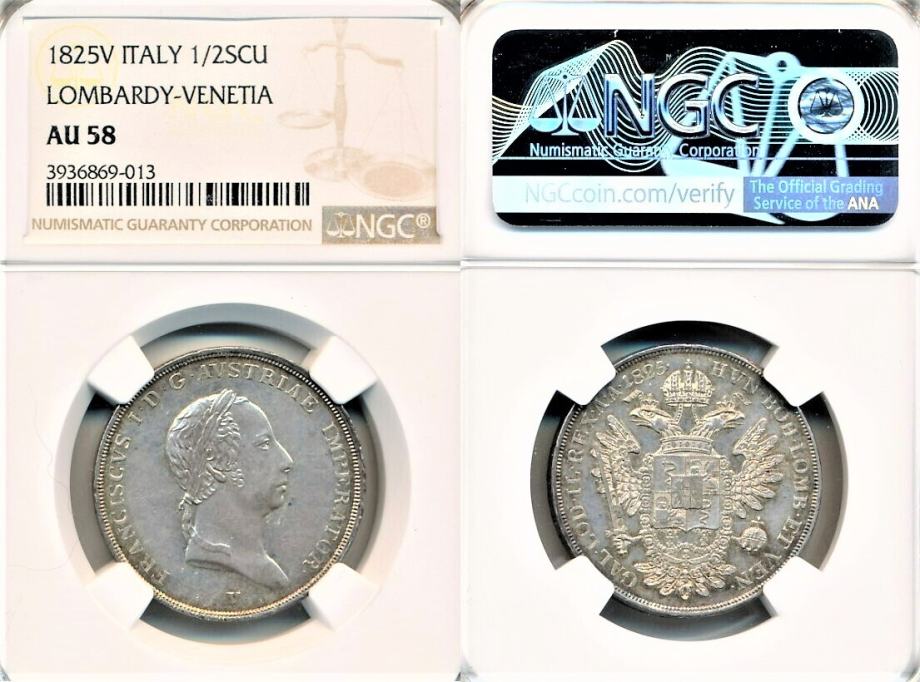 Srebrnik ITALija 1/2 SCUDO 1825 V Franz I NGC AU 58